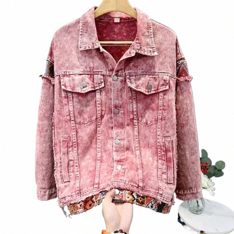 Amerikanische Retro Mi Rosa Patchwork Workwear Jacke Paar Lose Lässige High Street Denim Jacken Männer Tops Männlich Kleidung C0Rd #