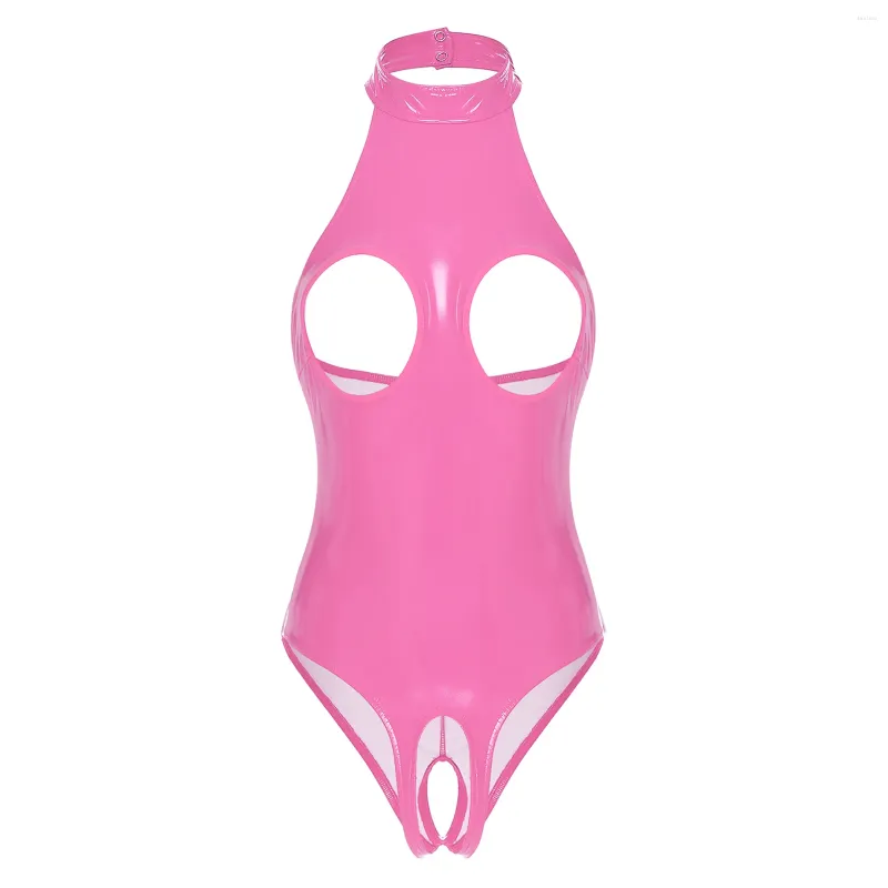 Costumi da bagno da donna Lingerie da donna Ritaglio Petto aperto Body in pelle verniciata Scollo all'americana Senza schienale Crotchless One Piece Clubwear Taglio alto