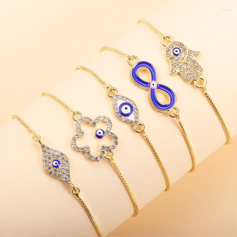 Charme Pulseiras Estilo Lucky Turco Hamsa Blue Eye Pulseira para Mulheres Meninas Ajustável Strass Flor Link Chain Jóias