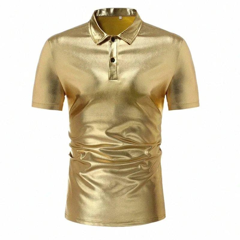FI HARAJUKU POLO SHIRTS MEN Märken Luxur Nightclub Shiny Gold Sier Summer Short Sleeve Man Dr Shirts Stage Costumes A42B#