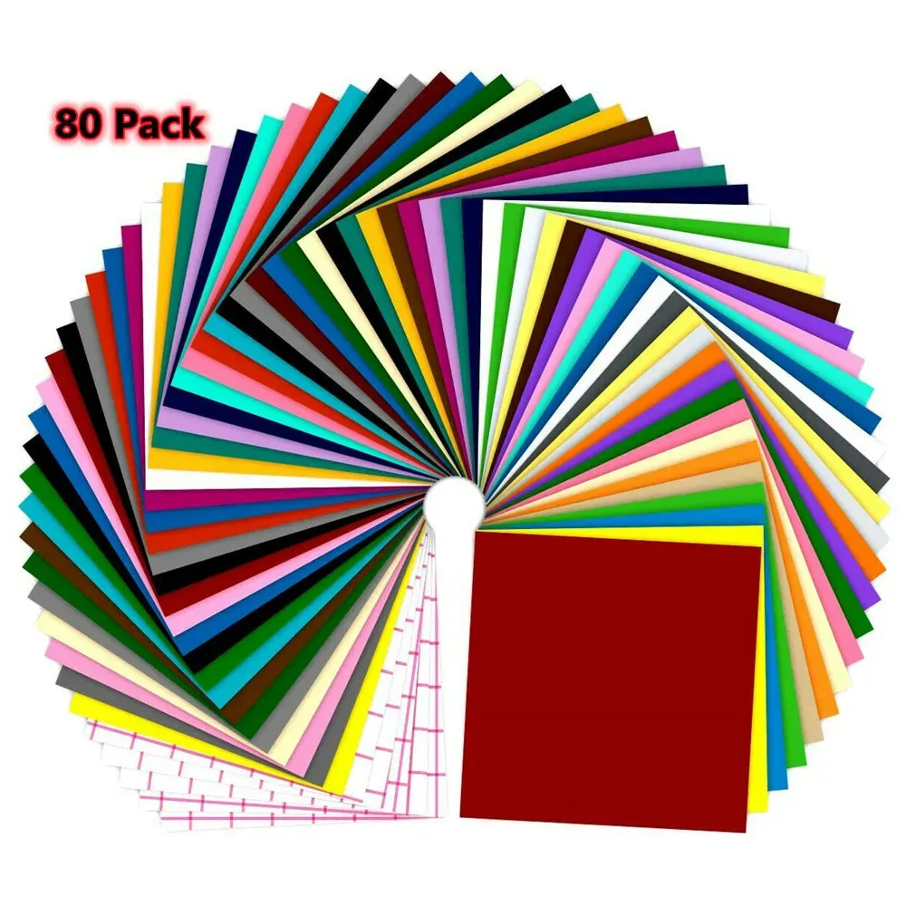 Films HTVRONT 80 pièces Multi couleurs 12X12 pouces feuilles de vinyle auto-adhésives permanentes + ruban de transfert pour Cricut artisanat bricolage verre tasse décor