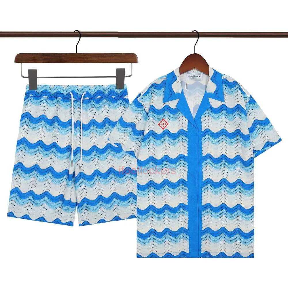 designer polo casablanca t shirt mens Summer mens shirt fashion label wave blue white color block print beach casual shorts shirt