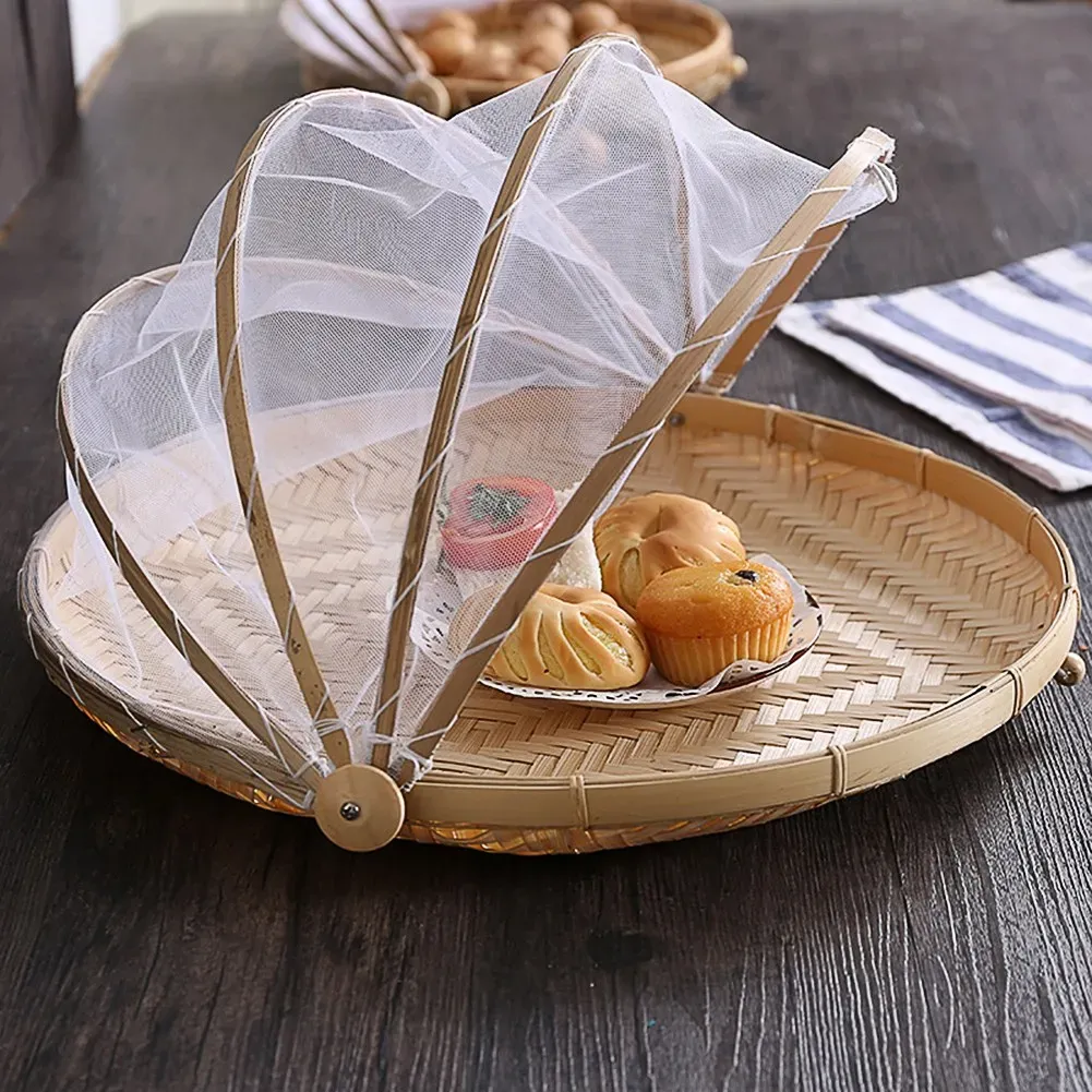 Baskets 1Pc Hand Woven Bug Proof Basket Dustproof Picnic Basket Handmade Fruit Vegetable Bread Cover Wicker Basket