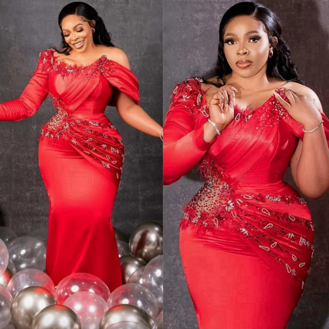 Plus Size Aso Ebi Prom Black Women Mermaid Illusion Promdress Formal Dress For Special Ocns Feathered Beaded Birthday Dresses Gala Gowns AM Dress Es