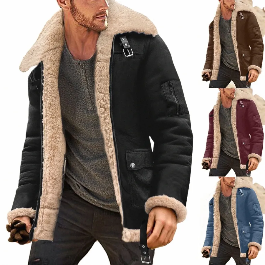 Mens Fi Basit kışlık kaplı yaka lg kol yastıklı deri ceket vintage kalınlaşan kat koyun derisi ceket m39r#