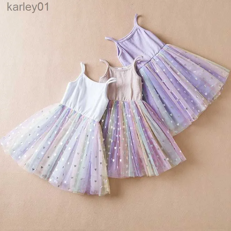 Robes de fille Enfant en bas âge bébé fille robe arc-en-ciel paillettes Tulle Tutu robes 1-5Y enfants fête d'anniversaire princesse ensemble infantile été robe sans manches yq240327