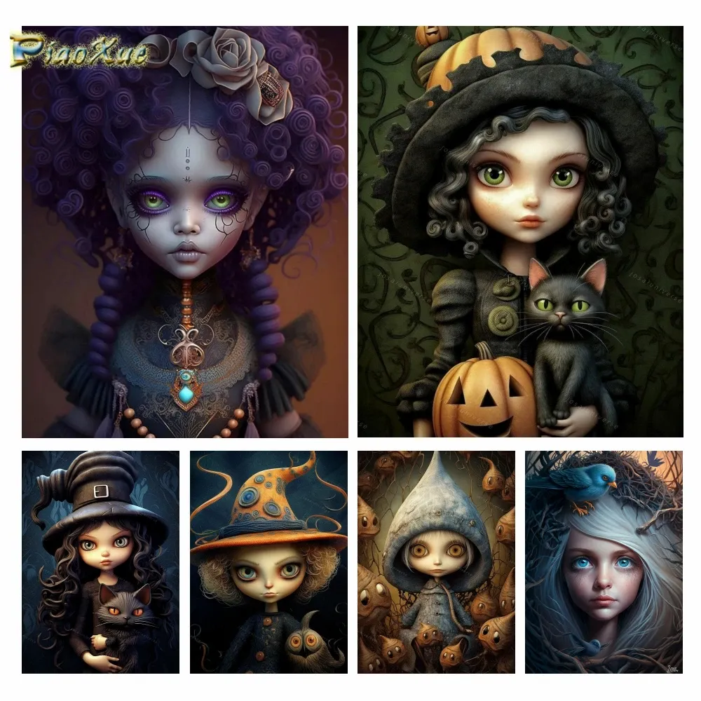 Stitch Witch Girl Cross Stitch Kits 5D Pintura de diamante Arte Halloween Cat escuro Pumpkin Mosaic Bordado Retro de Decoração de Casa Decoração