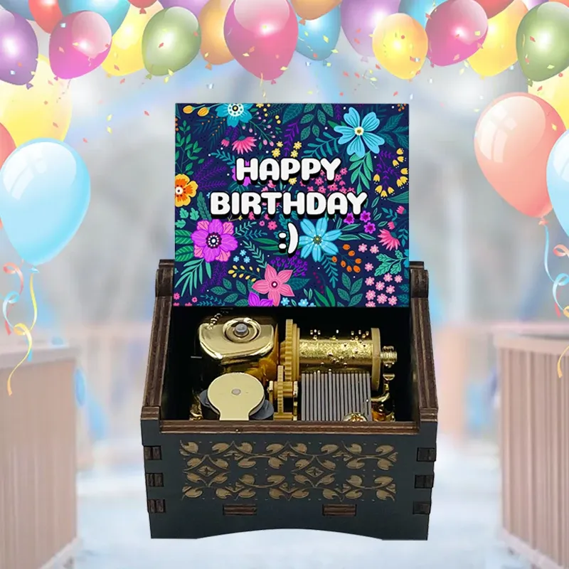Boîtes Joyeux anniversaire Music Box Golden Mécanique, Black Booden Anniversary Gift For Kids Girlfriend Wife Mom Mom Father Birthday