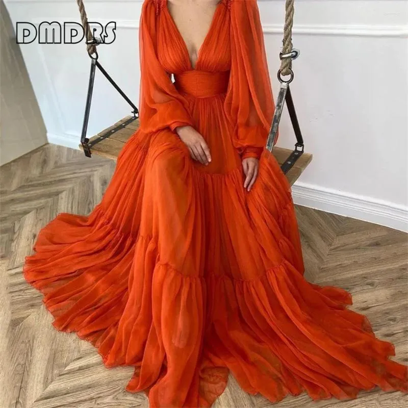 Casual Dresses Long Sleeve Red Women Prom Dress Sexy Deep V Neck A Line Plus Size Evening Gown Party Robe De Soriee