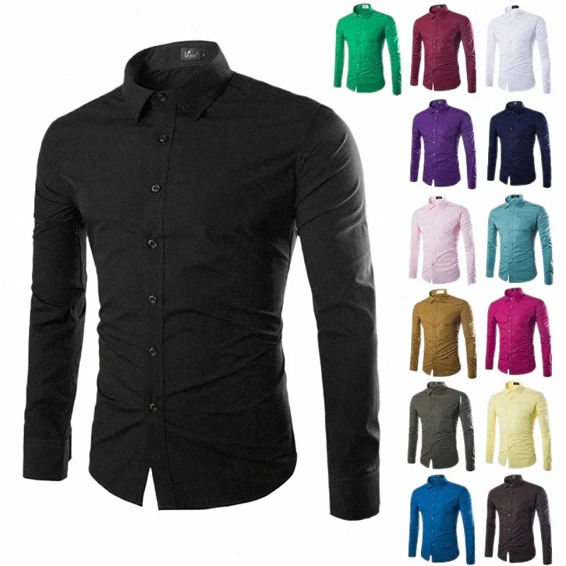 14 couleurs couleur unie hommes Fiable couleur bonbon chemise hommes décontracté Lg chemise à manches pour hommes D68q #