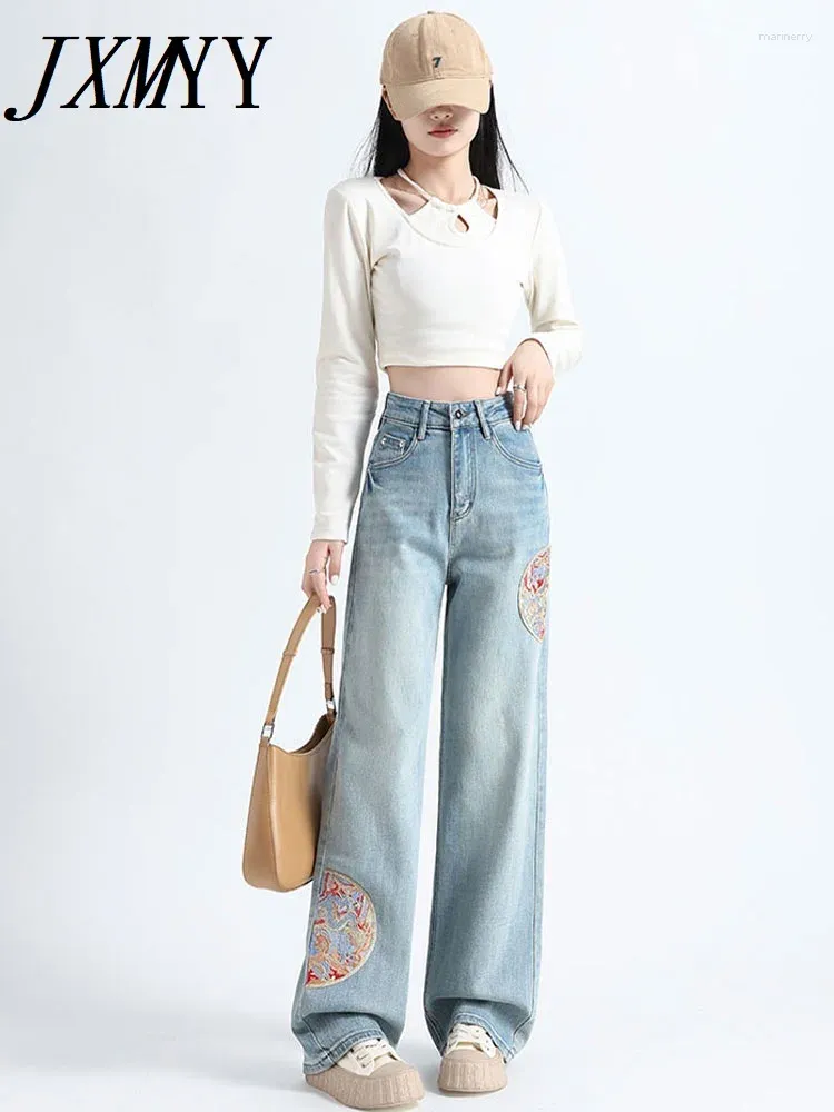 Kvinnors jeans jxmyy kinesisk rak ben för kvinnor vår sommar hög midja visa lös design broderi breda långa byxor