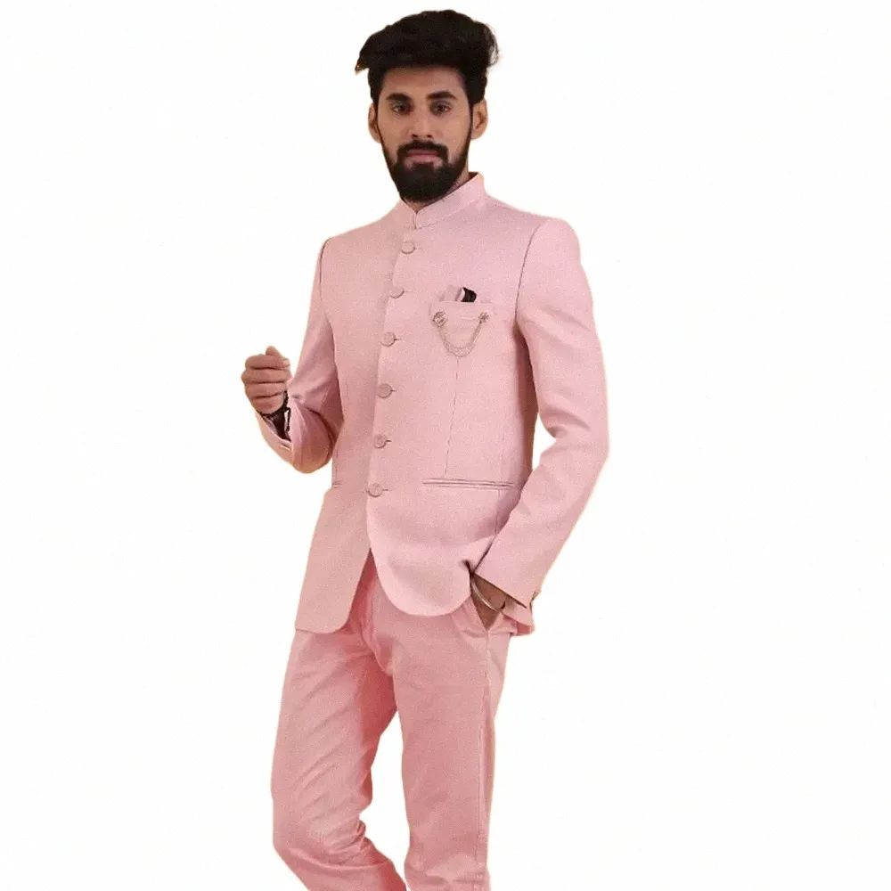 Elegante Männer Anzüge Blazer 2 Stück Jacke Hosen Afrikanischen Stil Einreiher Stehkragen Einfarbig Luxus Hochzeit Männliche Kleidung o0mH #