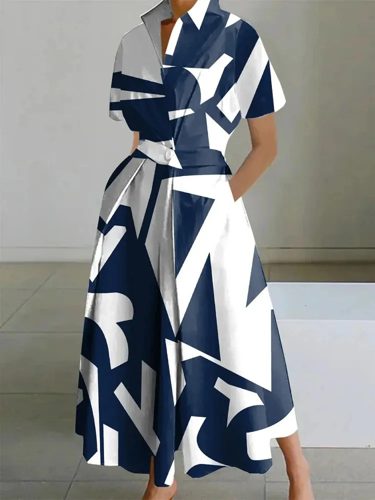 Elegantes Kleid mit geometrischem Druck für Frauen 2024 Sommermode Umlegekragen Hemd elastische Taille große Schaukelkleider Robe 240325