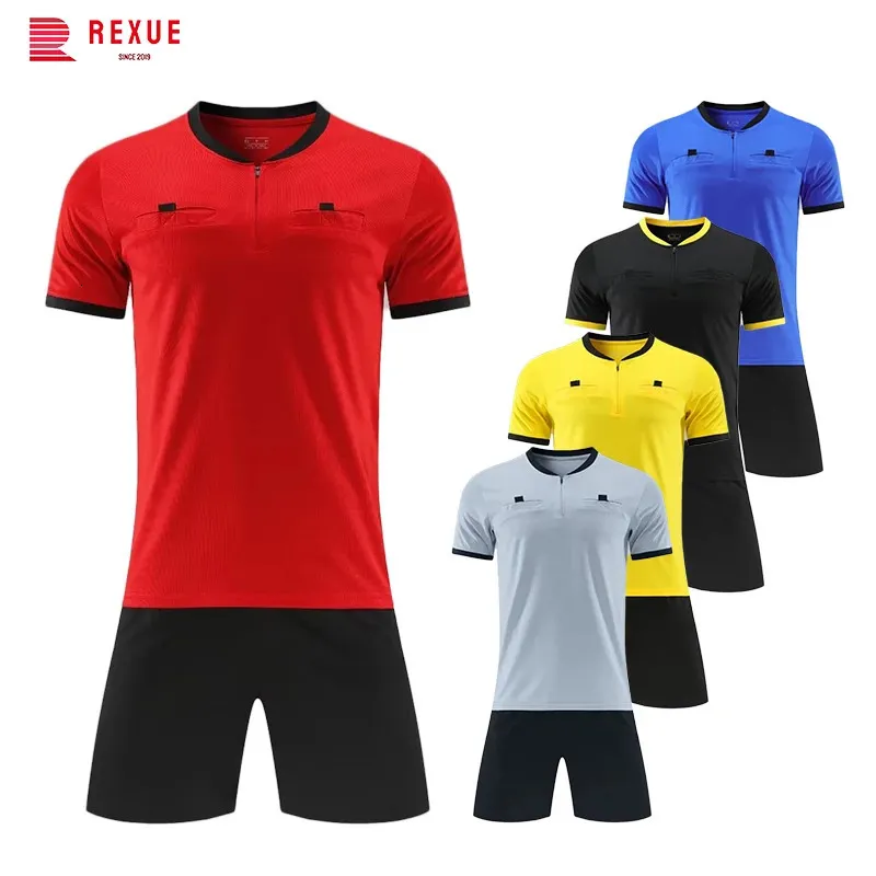 Adulto masculino profissional árbitro conjunto de camisa de futebol uniforme de futebol manga curta jogo juiz camisa três bolsos chegada 240314