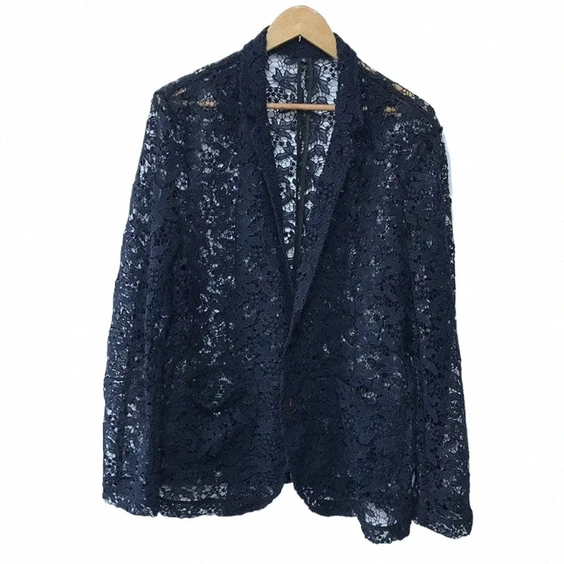 Dark Blue Dark-Soluble-Soluberery Hollow-Out Men Street Street Coat West West Clothing M-5XL! ملابس الرجال المخصصة R15A#