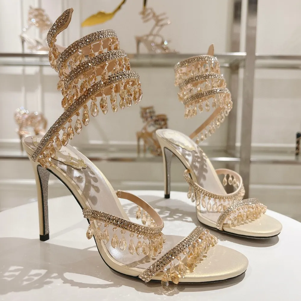 Rene Caovilla Chandelier Crystal Heels Sandal 95mm 여성 디자이너 하이 100% 실제 가죽 럭셔리 크기 34-43 이브닝 신발 발목 랩 어라운드 여성 Rhinestone