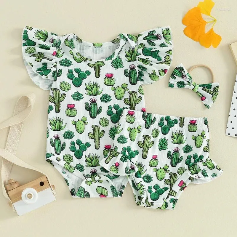 Set di abbigliamento Neonato Bambino Neonata Vestiti Cactus Stampa Pagliaccetto Pantaloncini e Abiti con fascia Estate