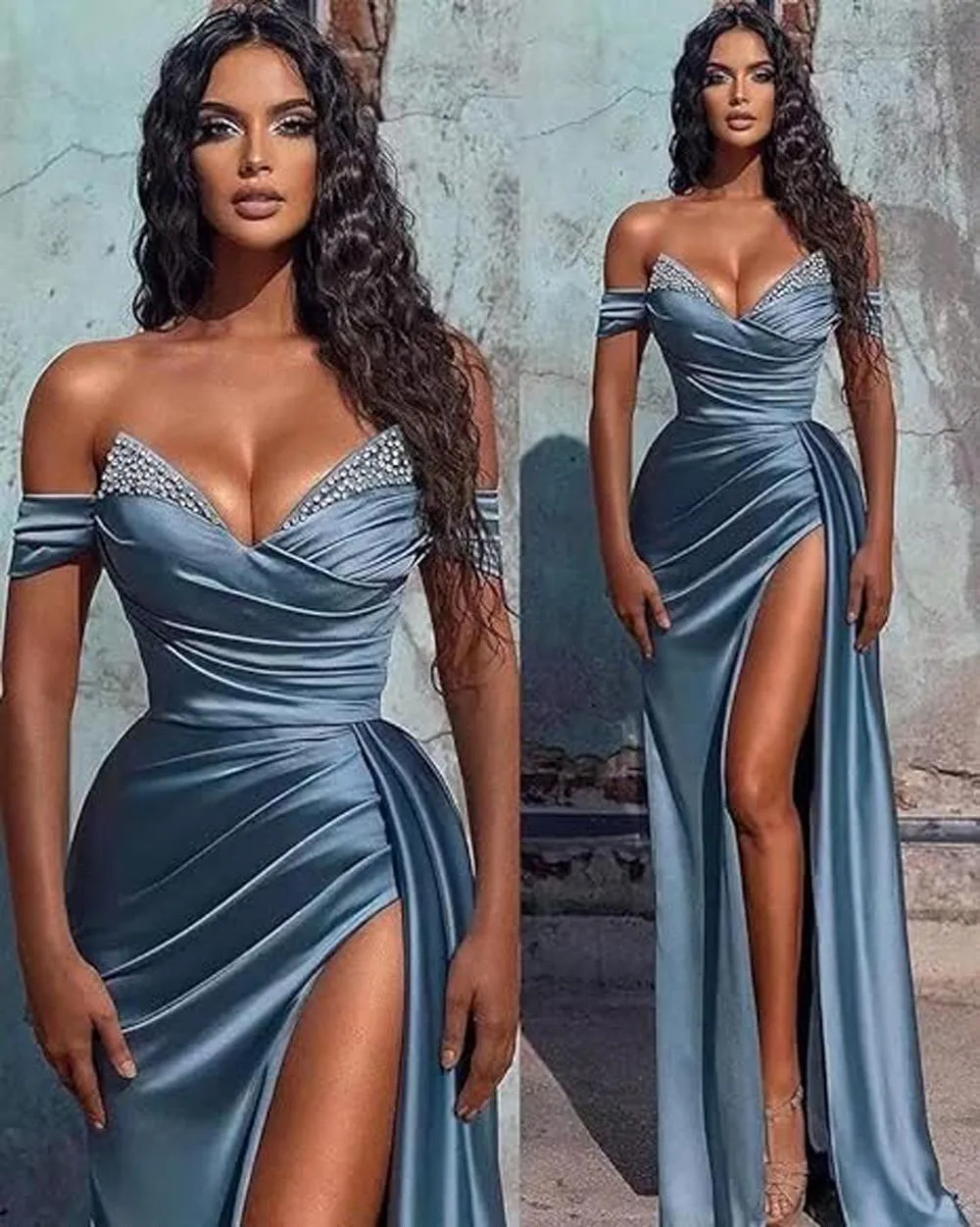 Split African Arabic Blue sexy eine Linie vor Schultern formelle Abendparty Promkleider Satin Brdemaid Kleider Korsett zurück Bm