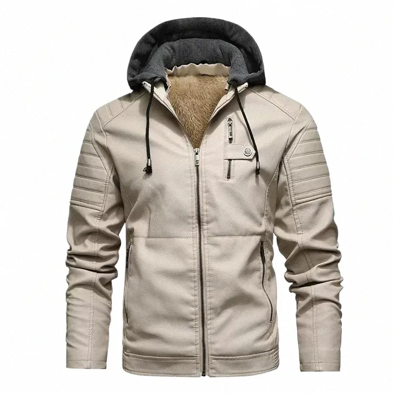 fi Jaqueta de couro masculina outono forro de lã casaco de couro pu com roupas masculinas de inverno casual capuz branco jaquetas de motocicleta 93Zf #