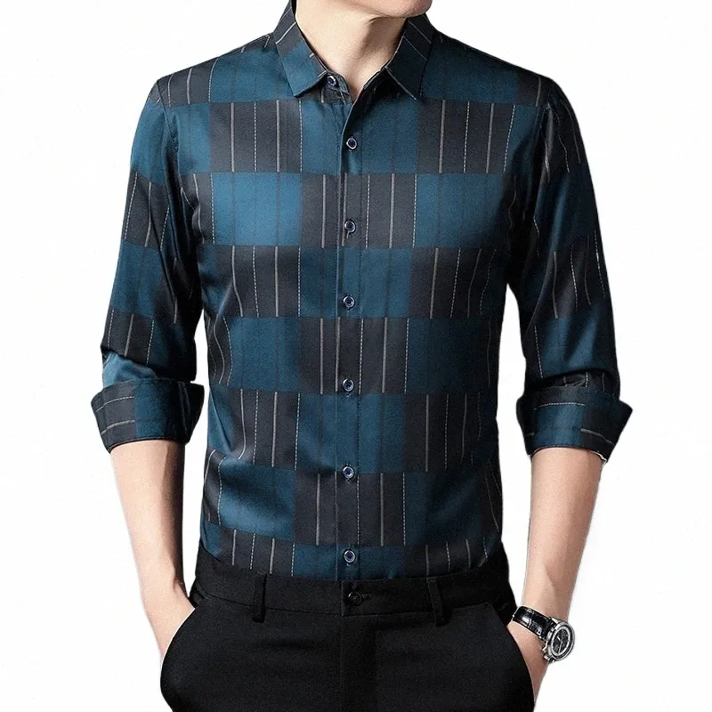 Wysokiej jakości męska koszula Fi druk wiosenny jesienna LG Sleeve Korean Slim Fit Camisa Masculina Ubrania A91Z#