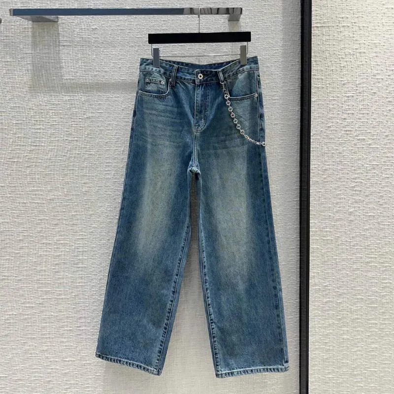 Женские джинсы, модная уличная одежда, широкие женские брюки с высокой талией, карманами и металлическими цепочками, свободные шикарные джинсовые брюки