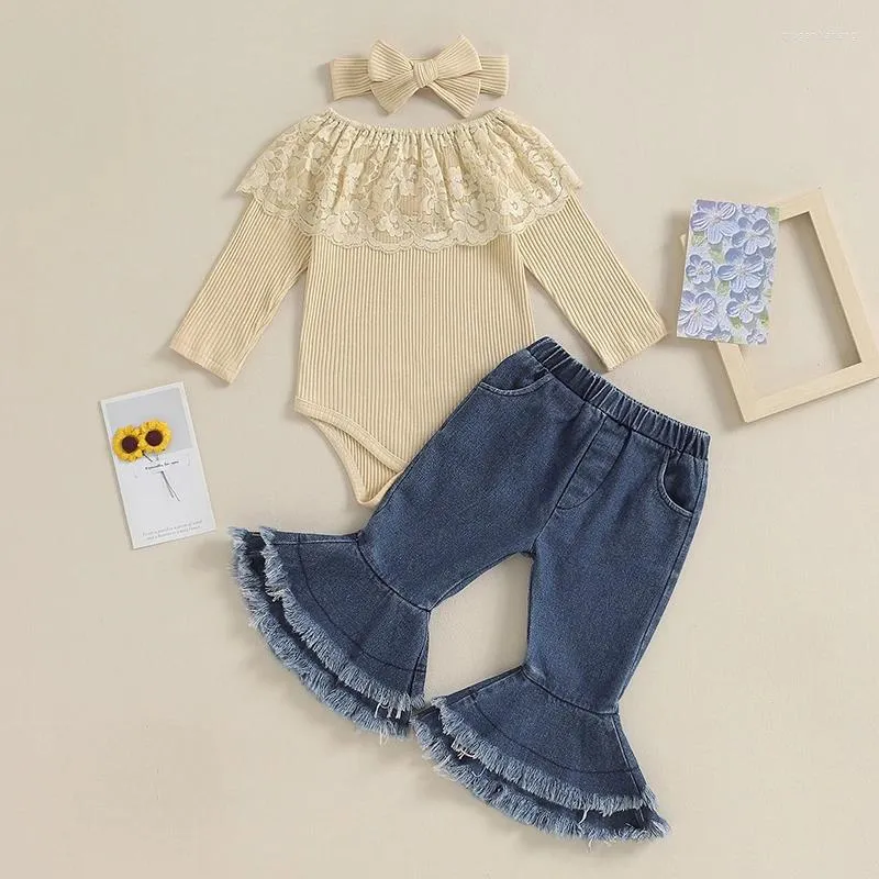 Set di abbigliamento bambine outfit da 3 pezzi Outfit in pizzo patchwork figora e elastico pantaloni svasati pantaloni scrupoli set di vestiti autunnali