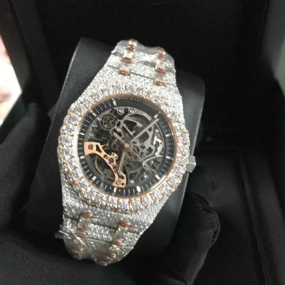 Horloges Nieuwe versie Skeleton VVS1 Diamonds Watch PASS TT Rose Gold Mixed Sier Topkwaliteit Mechanisch ETA-uurwerk Heren Luxe 279G