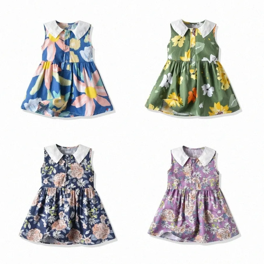 Baby Girls Flower Printed Dress Princess Kids Clothes Children Toddler Flower Print Birthday Party Clothing Kid Youth White Skirts size 70-130cm N65P#