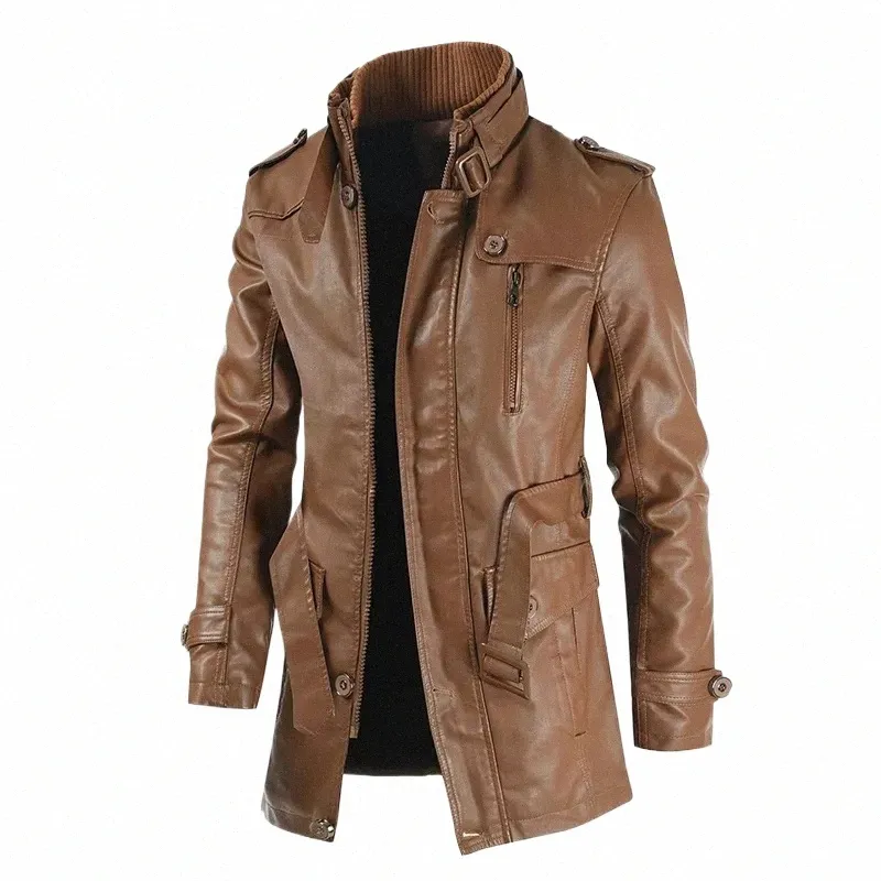 2023 Nouveau manteau en cuir pour hommes col montant en peluche manteau en cuir mi-long pour hommes en vrac grande couche de finition en PU u7e5 #