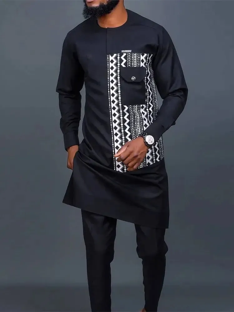 Afrikaanse Mannen Dashiki Lange Mouw 2 Delige Set Traditionele Afrika Kleding Gestreept Heren Pak Mannelijke Shirt Broek Past M-4XL 240313