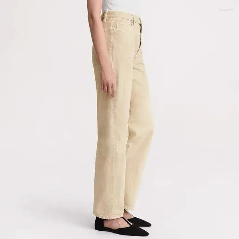 Jeans pour femmes 2024 Automne Coton Mi-taille Droite Casual Beige Femmes Pantalons