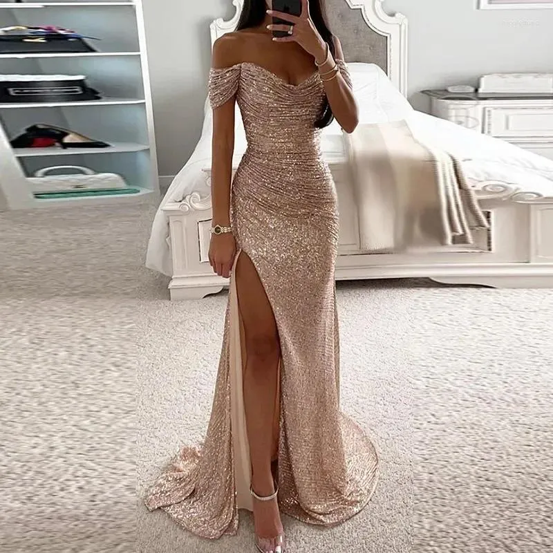 Sexy slash neck off the shoulder high split glitter maxi dress Sexy slash neck off the shoulder high split glitter maxi dress