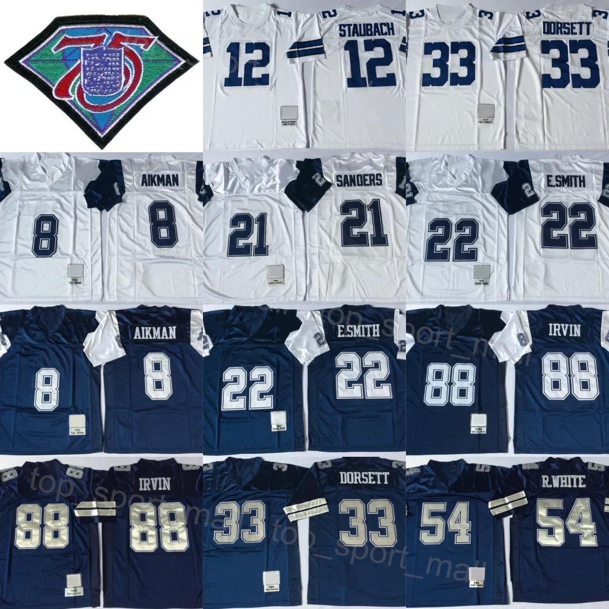 Fintage Football 21 Deion Sanders Jersey 8 Troy Aikman 22 Emmitt Smith 33 Tony Dorsett 54 Randy White 88 Michael Irvin 12 Roger Staubach 1977 1984 1992 1994 Retro Men