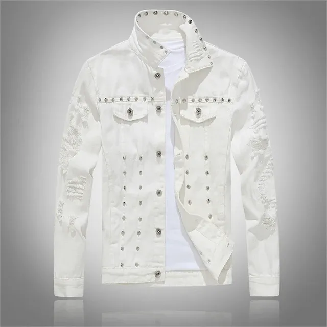 DHgate Rivet Denim Jacket Mens Slim Fit Ripped Punk Party Studded Jean Jacket Apparel