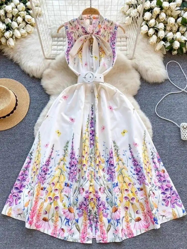 Casual Kleider Sommer Urlaub Lavendel Blume Tank Kleid Frauen Ärmellose Bogen Kragen Blumendruck Gürtel Einreiher Weste Robe Vestido