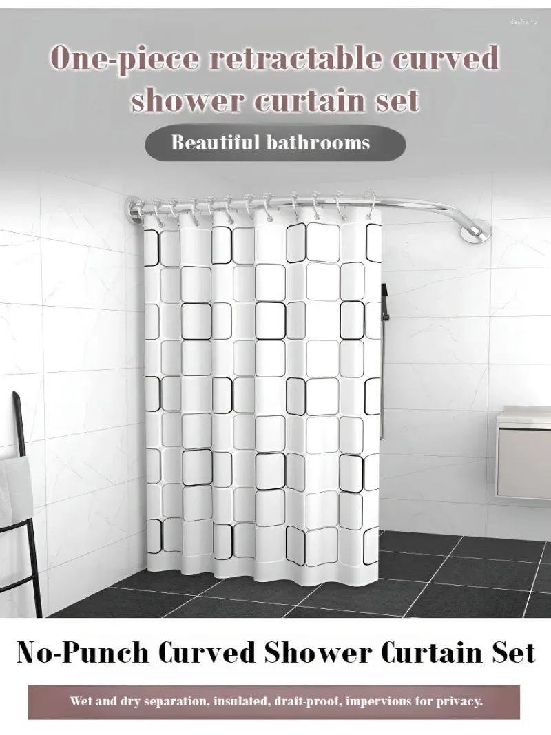 Cortinas de chuveiro conjunto de cortina de tecido à prova d'água divisória de porta curvada sem perfurador