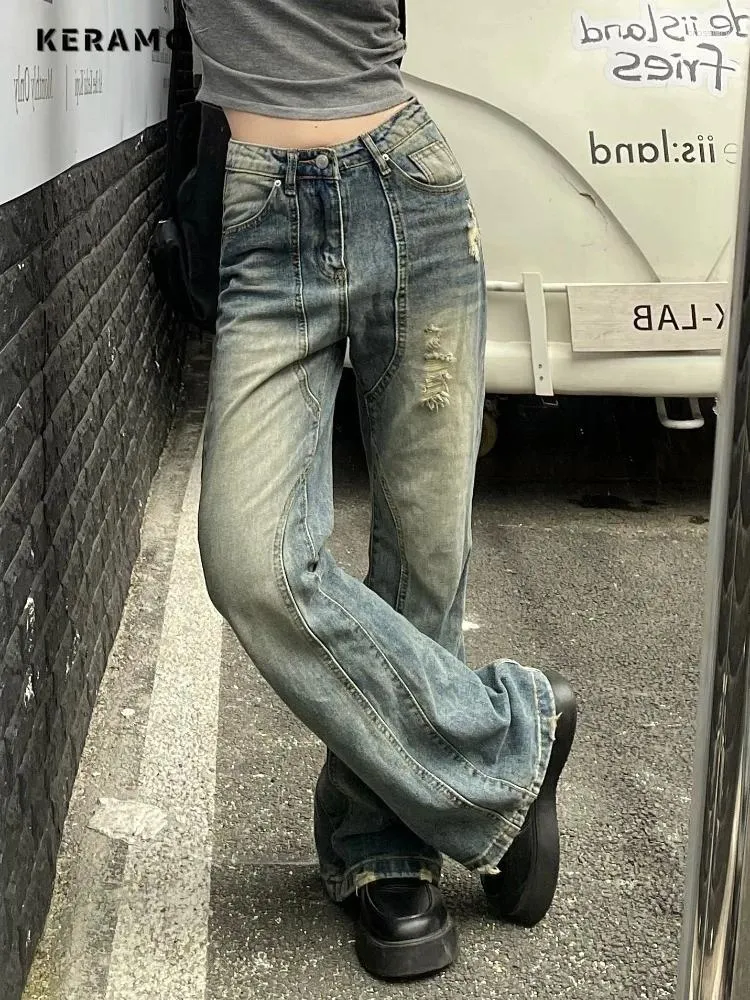 Damen Jeans 2024 Frühling Vintage Harajuku Y2K Hip Hop Lose Blaue Hosen Breites Bein Trashy Style Baggy Ripped Denim Hose