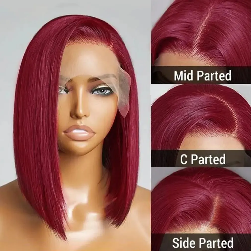 Perruque Bob Lace Front Wig naturelle bordeaux 99J, cheveux courts, 13x4 HD, naissance des cheveux naturelle pre-plucked