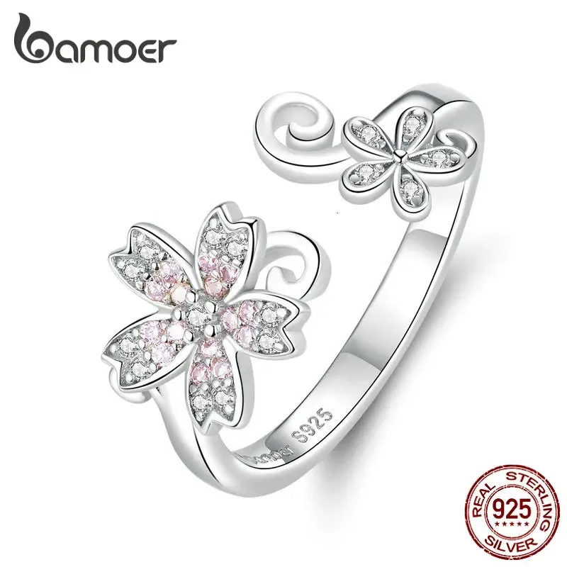 Sterling Silver 925 Pink Sakura Cherry Flower Otwarty regulowane pierścienie palców dla kobiet romantyczna biżuteria ślubna BSR086 240306