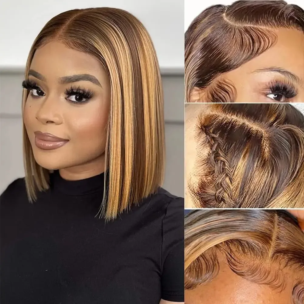 Glueless Highlight Wig Human Hair rakt 13x4 Spets främre mänskliga hår peruker ombre honung blond mittdel spets frontala peruker