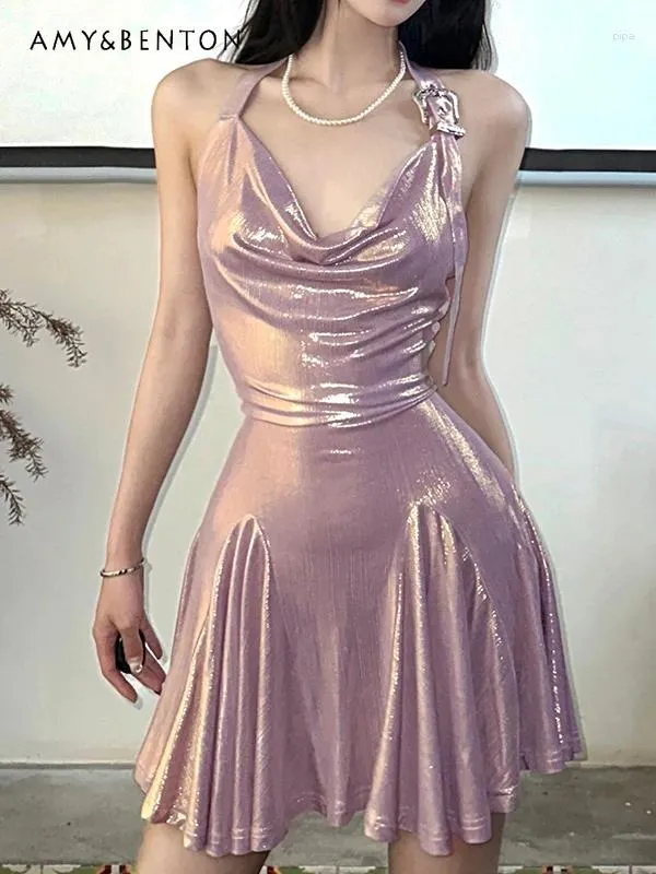 Casual Dresses Girl Street Fashion Shiny Surface Elegant Slim Fit Y2K Sling Dress For Women Socialite Princess Sexy Party Clothes