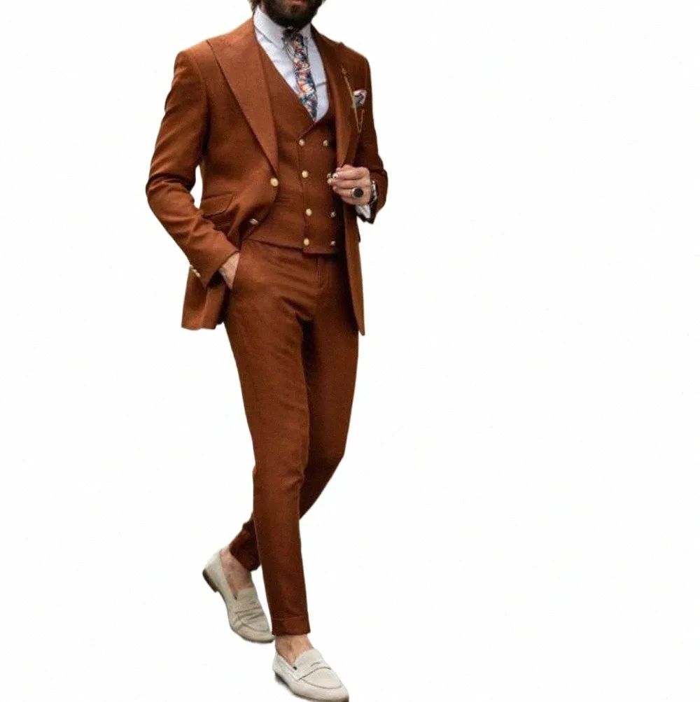 Brown Fi ternos masculinos formais para festa de casamento Custom Made Blazer Define noivo 3 peças jaqueta + calças + colete traje Homme G2gr #