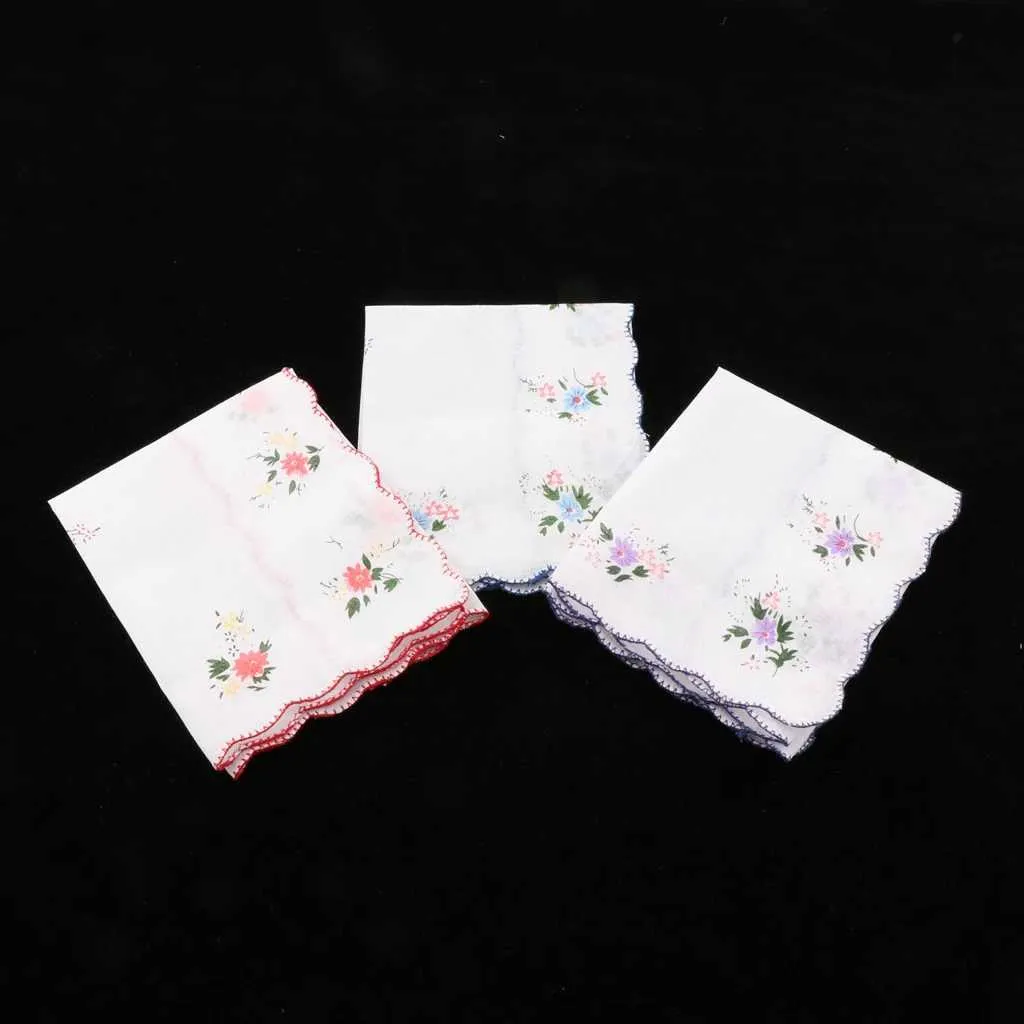 3 Pack Flower Embroidered Handkerchief Women Cotton Square Pocket Hanky Girls Cute Wavy Edge Kerchiefs Hankie