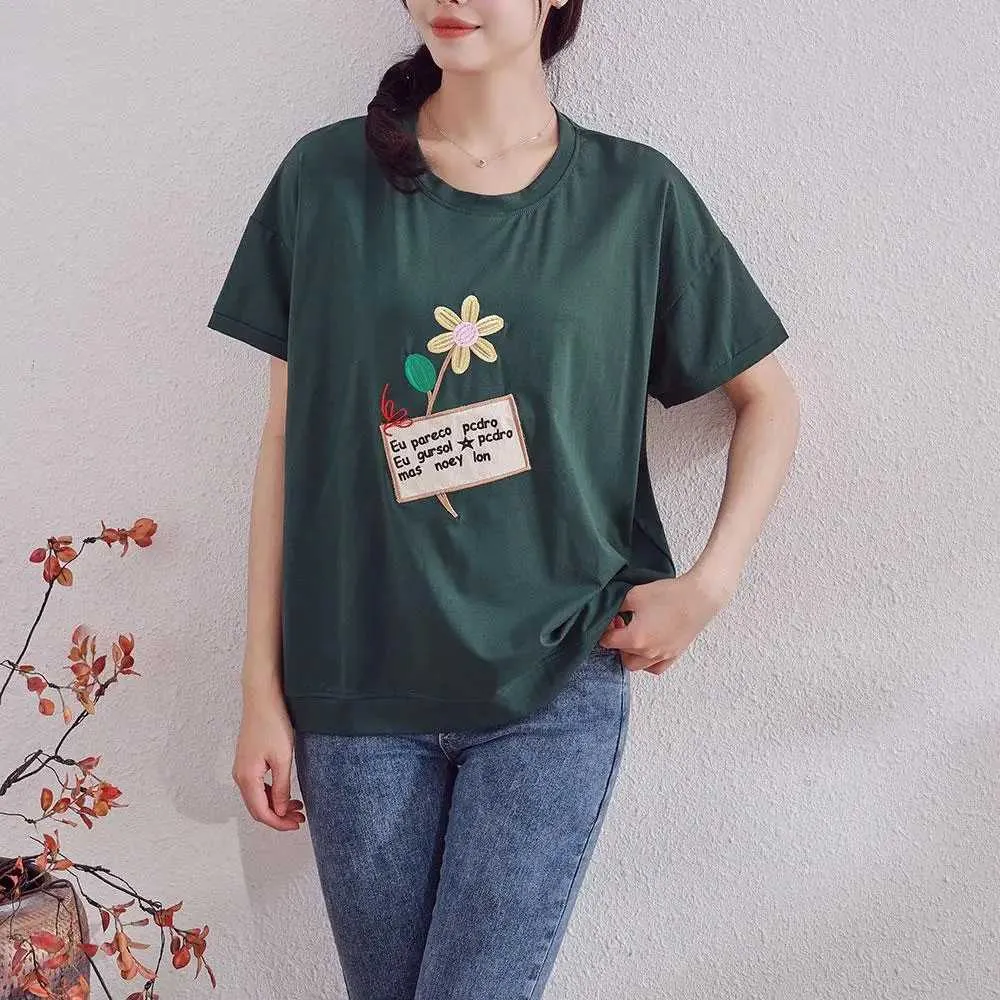 Débardeurs pour femmes Camis DIMANAF été nouveau T-shirt pour femmes avec broderie de fleurs imprimé ample décontracté col rond couvercle vert 24326