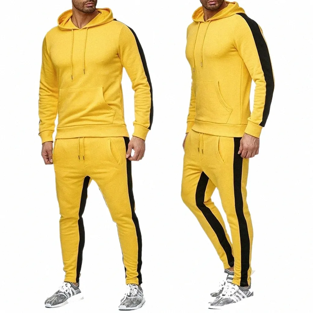 Moletons com capuz masculino conjunto de cor sólida jogging conjunto agasalho agasalho manga lg terno hoodies calças amarelo casual terno o0l1 #