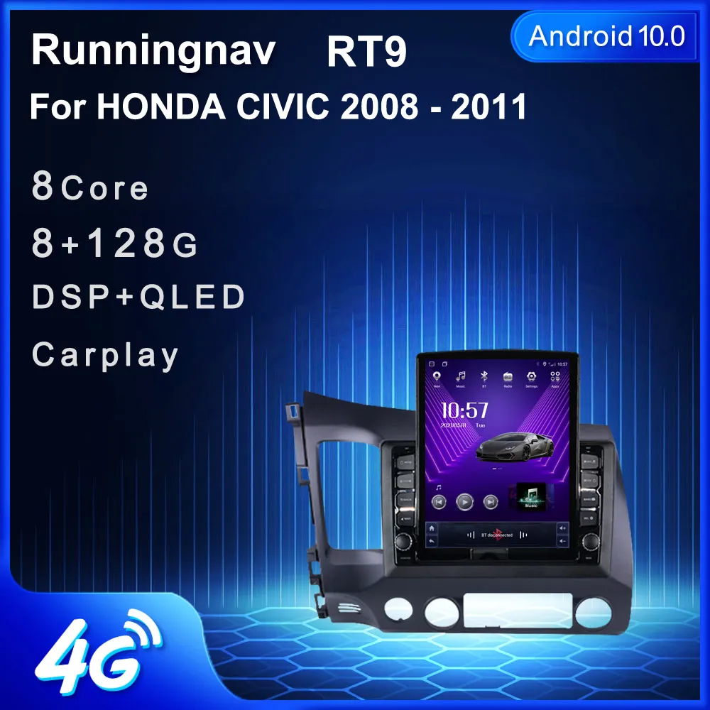 9,7-дюймовый новый Android для Honda CIVIC 2008-2011 Tesla Type Автомобильный DVD-радио Мультимедийный видеоплеер Навигация GPS RDS Без DVD CarPlay Android Автоматическое управление рулевым колесом