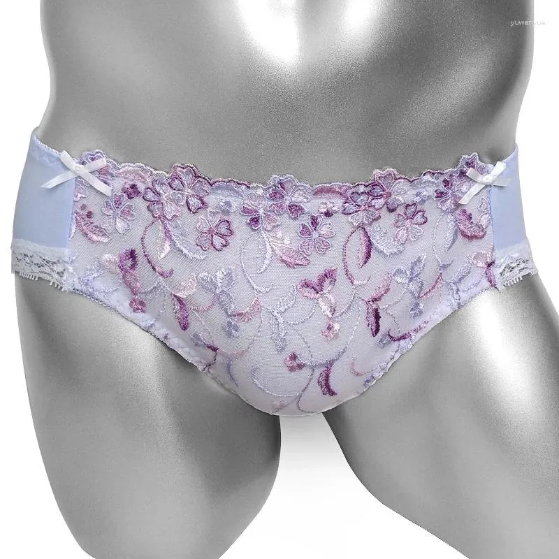 Cuecas Floral Lace Sissy Underwear com Bordado Sexy Calcinha Cute Bowknot Knickers Homens Bikini Briefs Gay