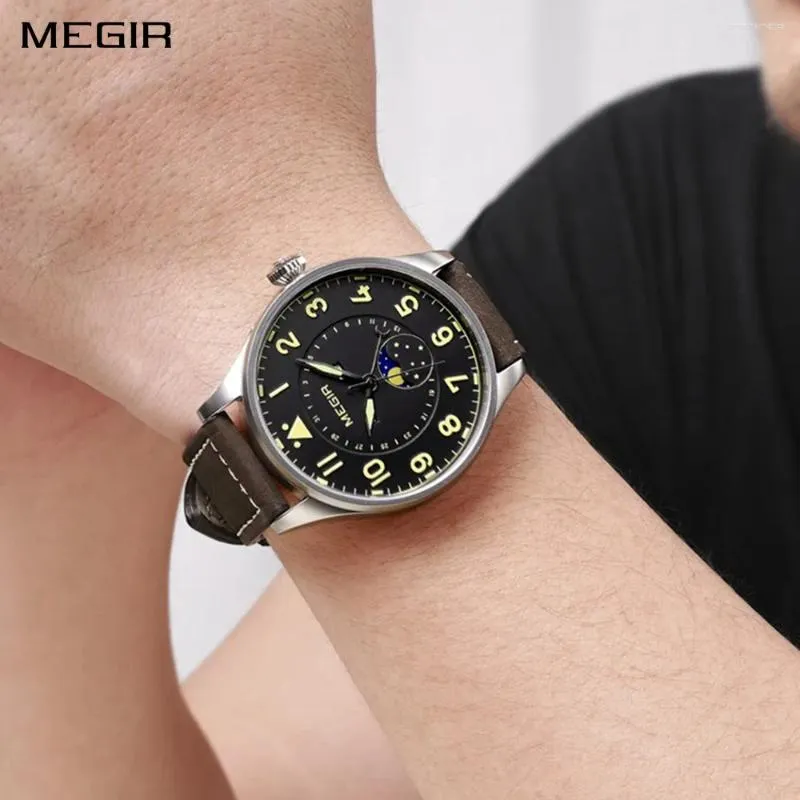 Relógios de pulso Megir moda esporte quartzo relógios homens luxo couro negócios casual à prova d 'água data clcok fase da lua reloj hombre
