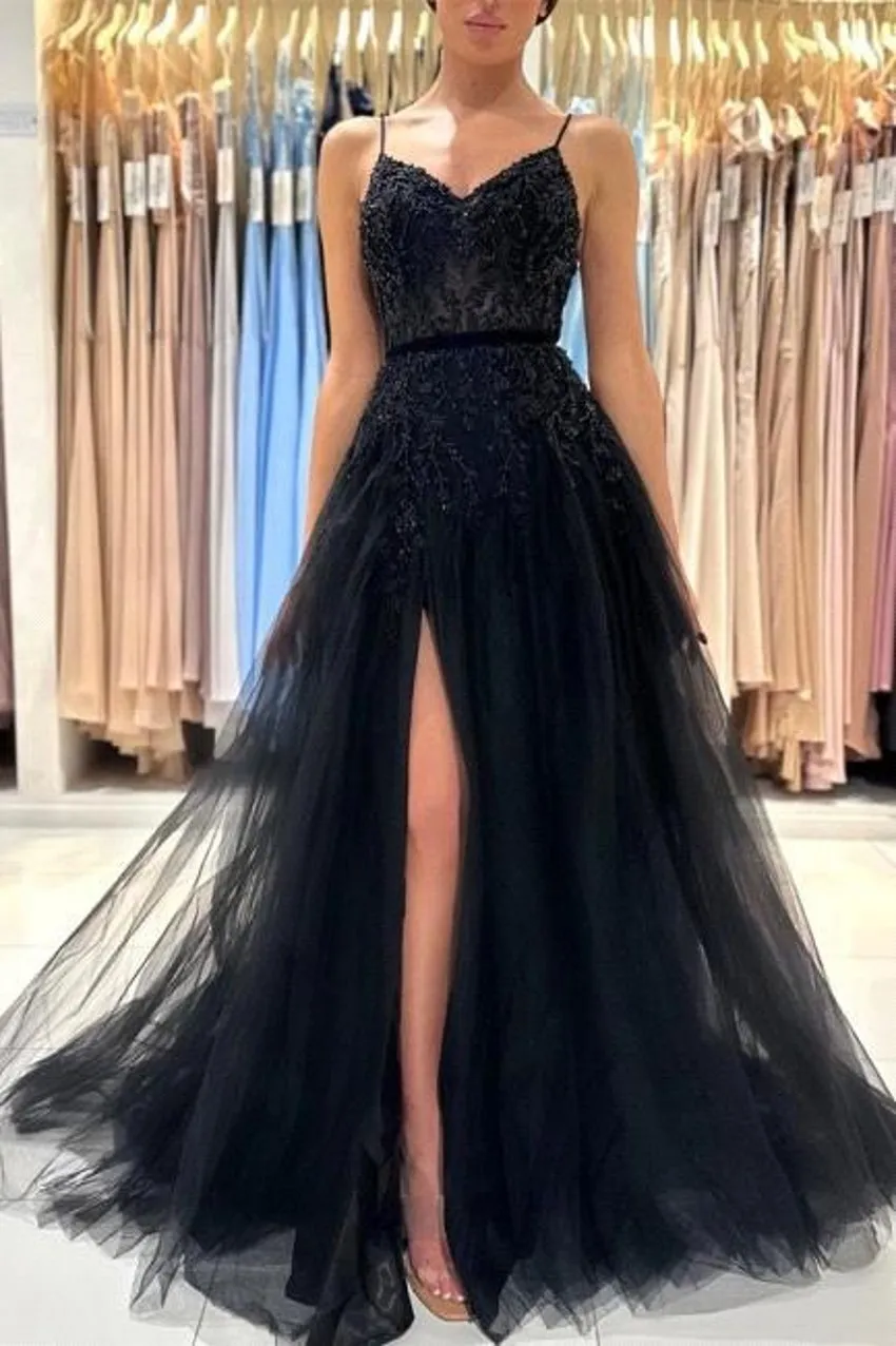 slim fit dress slacks Black tulle sequin long prom dress, black evening dress – dresstby main image 0