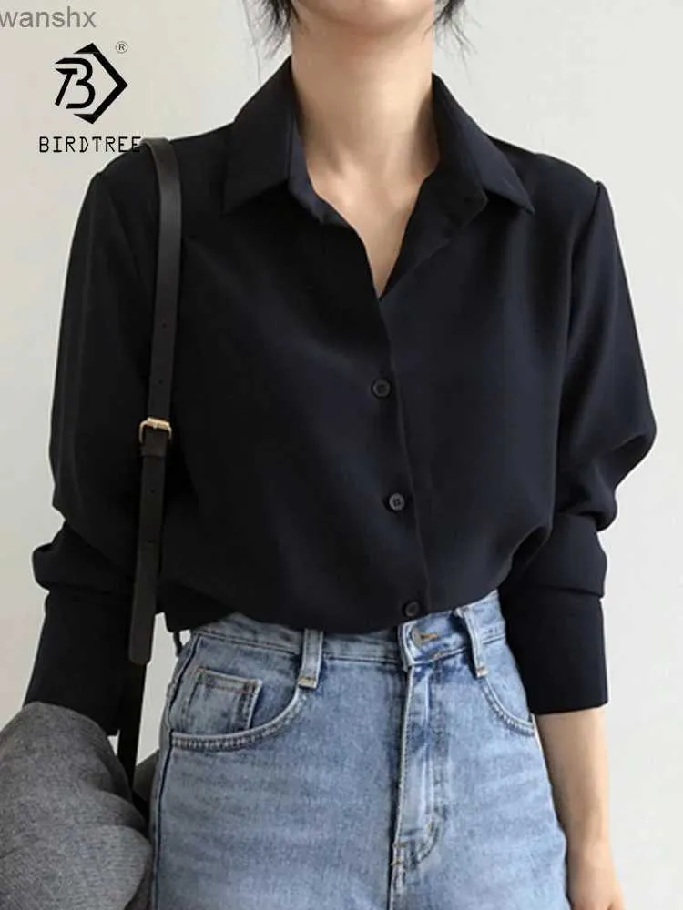 Blouses Femme Chemises Été nouveau femmes solide noir en mousseline de soie chemise à manches longues décontracté femmes coréen BF Style haut tendance femmes Blusa T0L240328